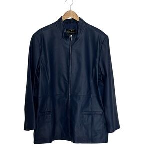 TERRY LEWIS Classic Luxuries Blue Leather Jacket Stand Collar Hip Length Size 3X